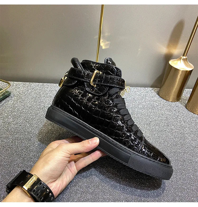 Men Embossed Crocodile High Top Sneakers Lock Lace Red Flats Real Leather Designer Boots Men‘s Casual Shoes