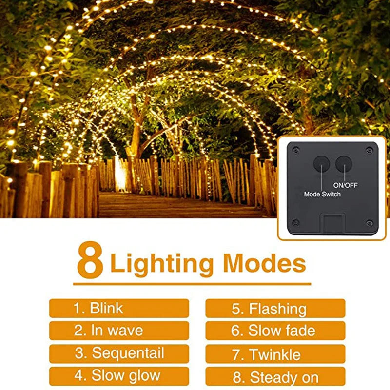 Outdoor LED Solar Fairy String Lights Waterproof Garden Decoration Garland 8Modes Copper Wire Light For Street Patio Christmas