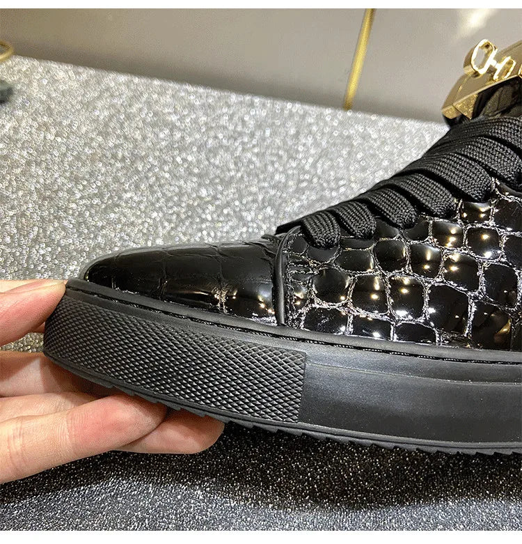 Men Embossed Crocodile High Top Sneakers Lock Lace Red Flats Real Leather Designer Boots Men‘s Casual Shoes