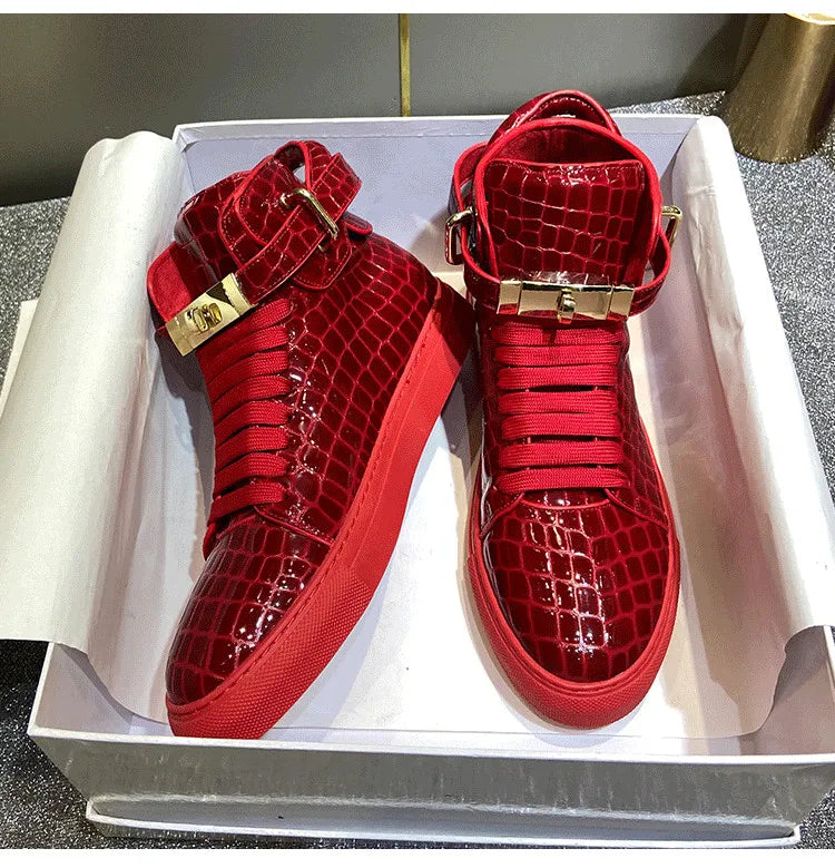 Men Embossed Crocodile High Top Sneakers Lock Lace Red Flats Real Leather Designer Boots Men‘s Casual Shoes