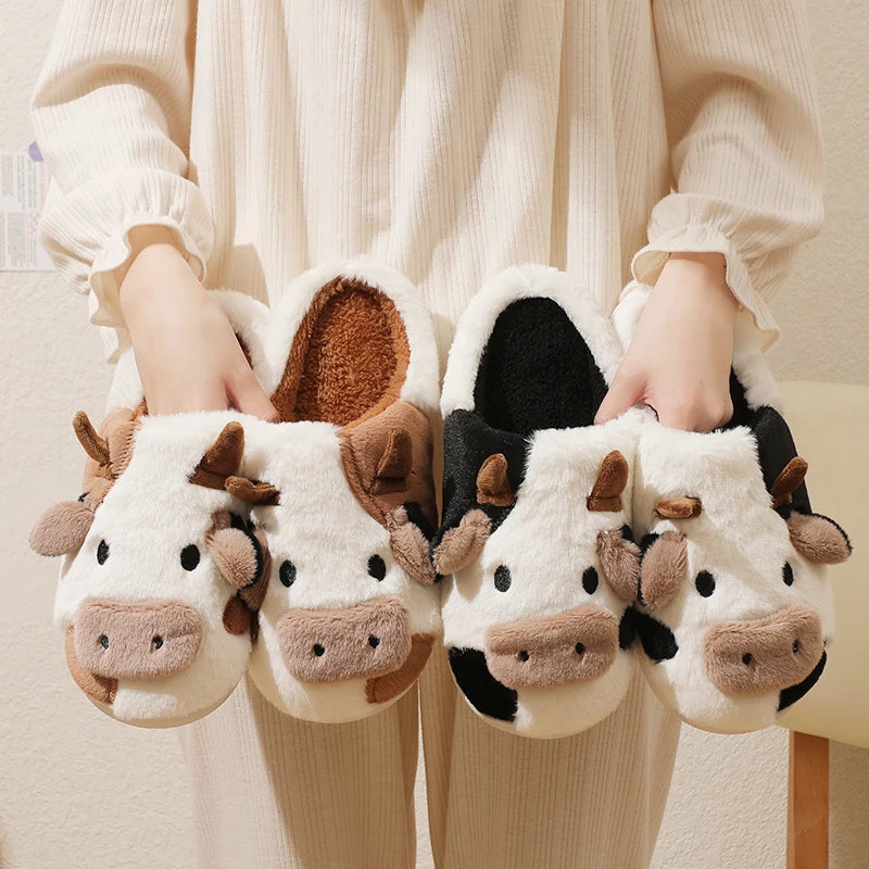 New Winter Unisex Cartoon Cow Warm Plush Slippers Couple's Indoor Non-slip House Mule Men And Women Toe Wrap Home Cotton Shoes