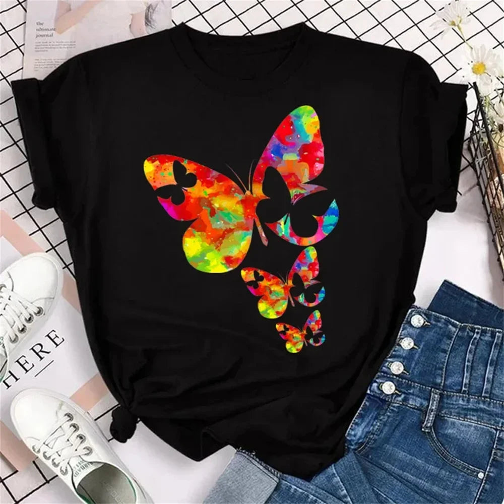 Colorful Butterfly Petal Print Short Sleeve and Round Neck Cute Graphic Tee Shirts Female Tops Clothing Fashion Women T-shirt