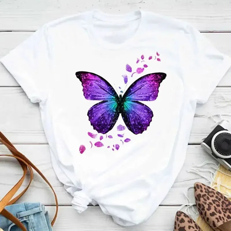 Colorful Butterfly Petal Print Short Sleeve and Round Neck Cute Graphic Tee Shirts Female Tops Clothing Fashion Women T-shirt