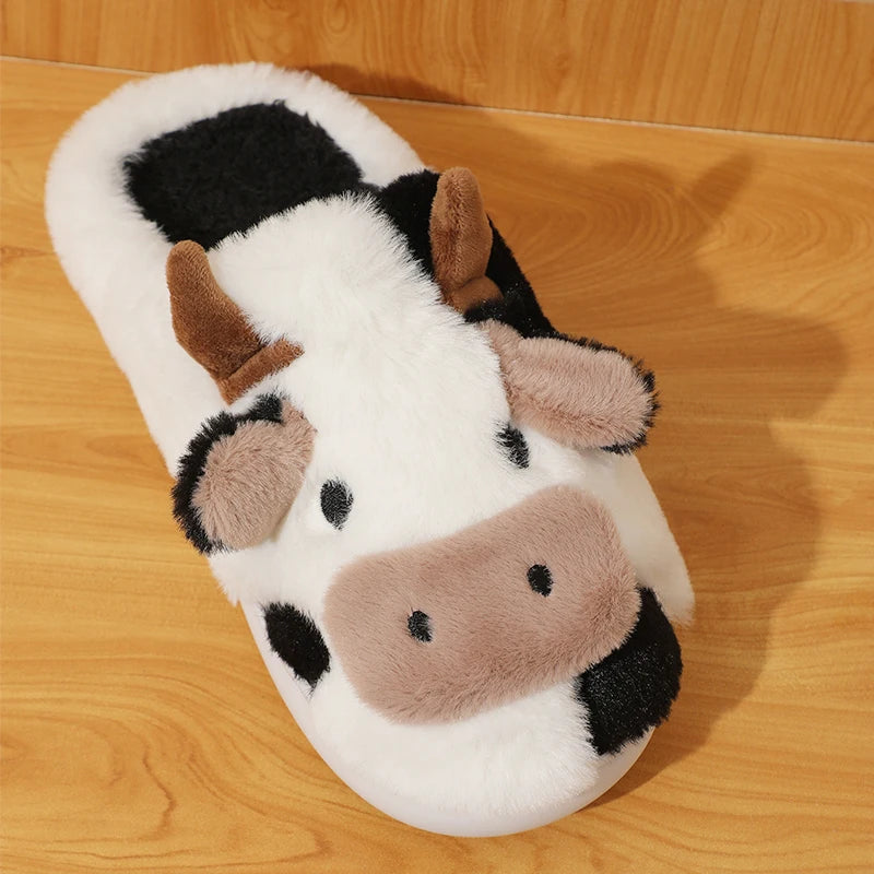 New Winter Unisex Cartoon Cow Warm Plush Slippers Couple's Indoor Non-slip House Mule Men And Women Toe Wrap Home Cotton Shoes