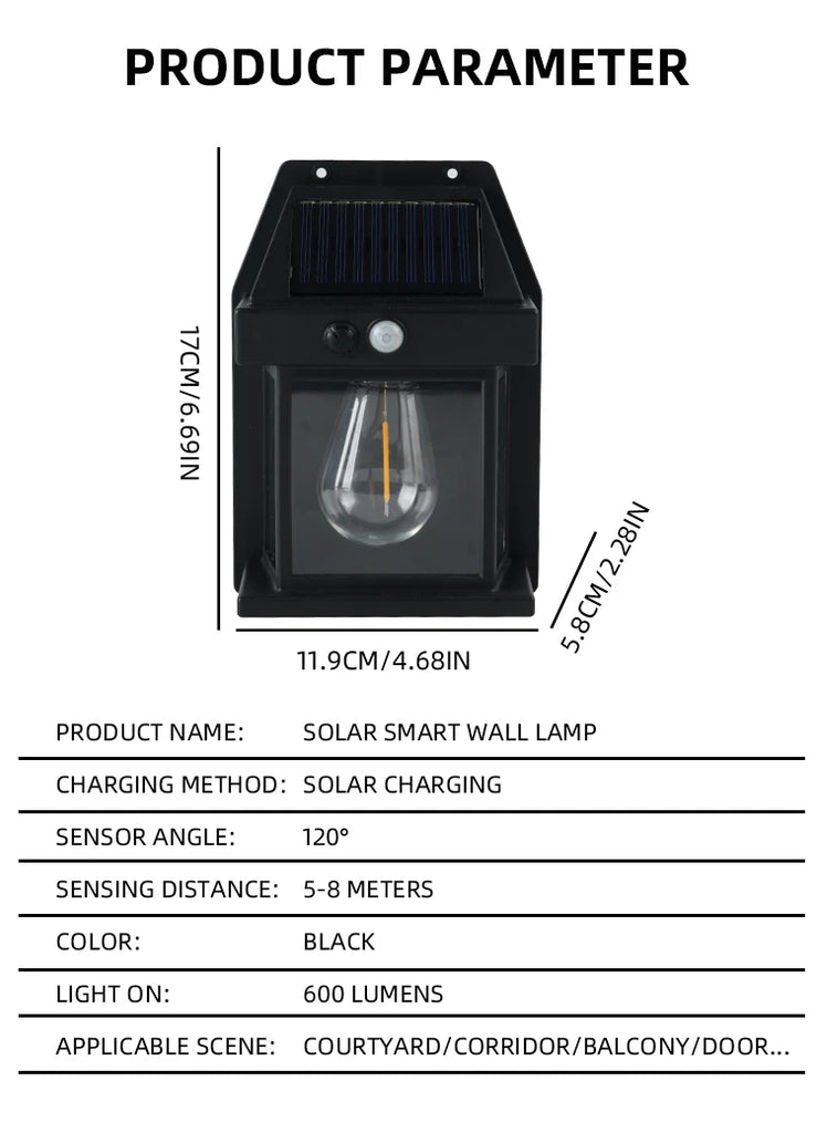 Outdoor Solar Tungsten Wall Light with Motion Sensor IP65 Waterproof LED Safety Light for Patio Outdoor Deck Porch Barn Garage