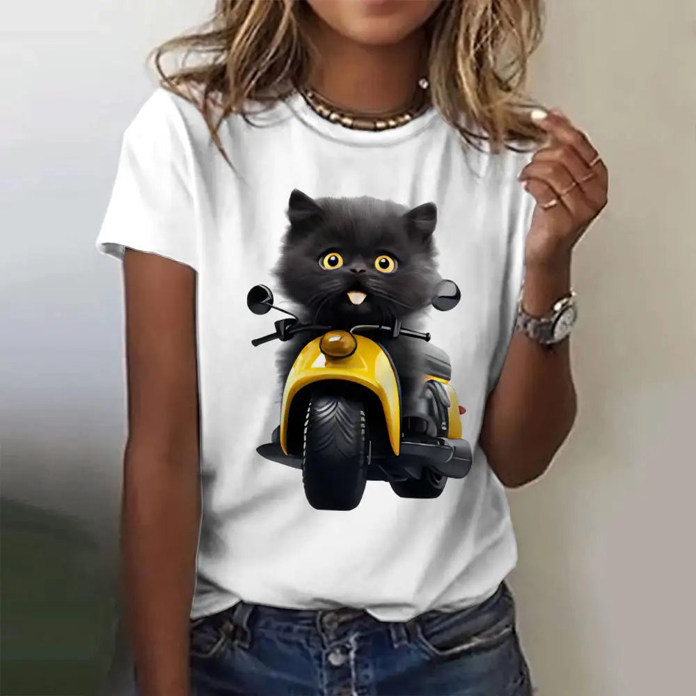 Summer Women's T Shirt Cat Print Casual Short Sleeve 3d T Shirts Fashion Streetwear Crew Neck Pullover Oversized Female Clothing