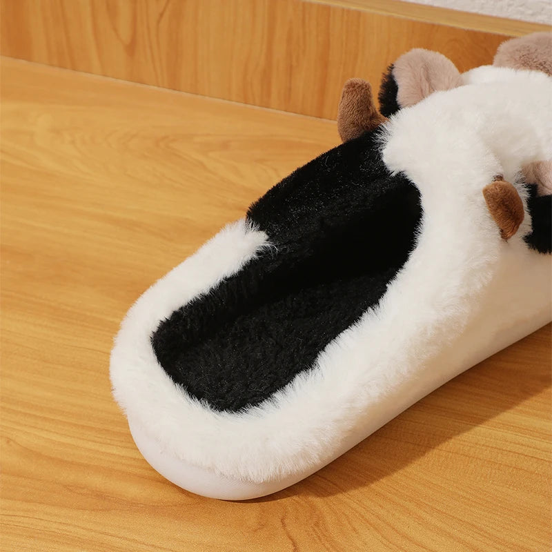 New Winter Unisex Cartoon Cow Warm Plush Slippers Couple's Indoor Non-slip House Mule Men And Women Toe Wrap Home Cotton Shoes