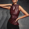 Standling Sleeveless Waist Lady Top PU Leather Folds Irregular Leather Vest Fashion Solid Color Women's Clothing