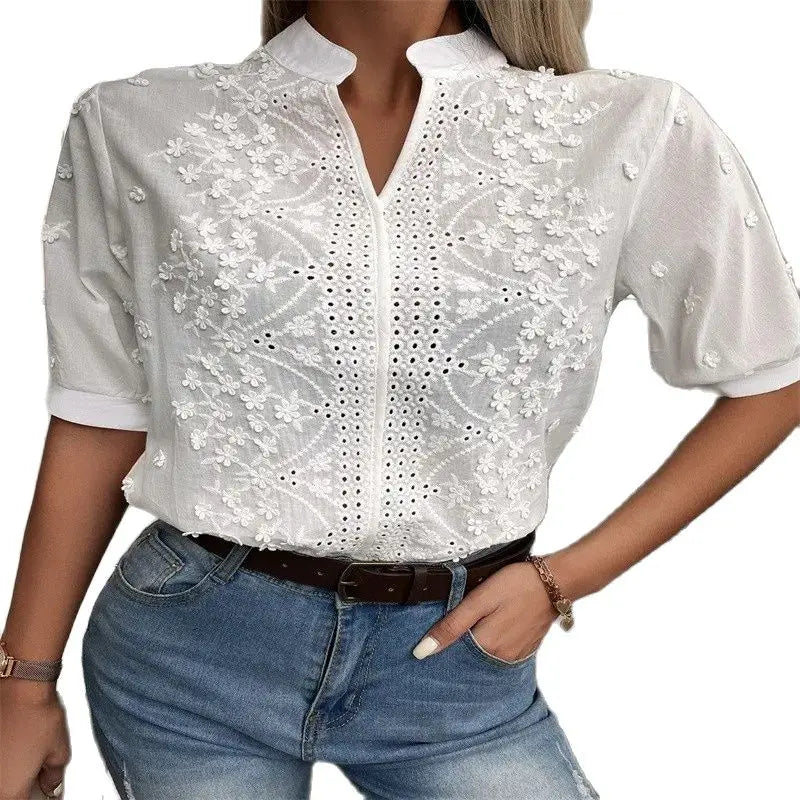 2024 Summer Elegant Short Sleeve White Shirt Vintage Tops Crochet Hollow Blouses For Women Fashion 2024 Cotton Female Clothing