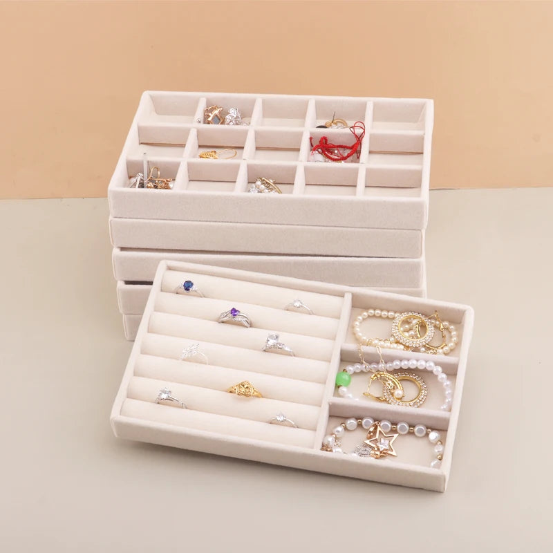 Velvet Jewelry Tray Storage Drawer Small Stackable Beige Jewelry Boxes and Packaging Suitable for Ring Earrings Simple Practical