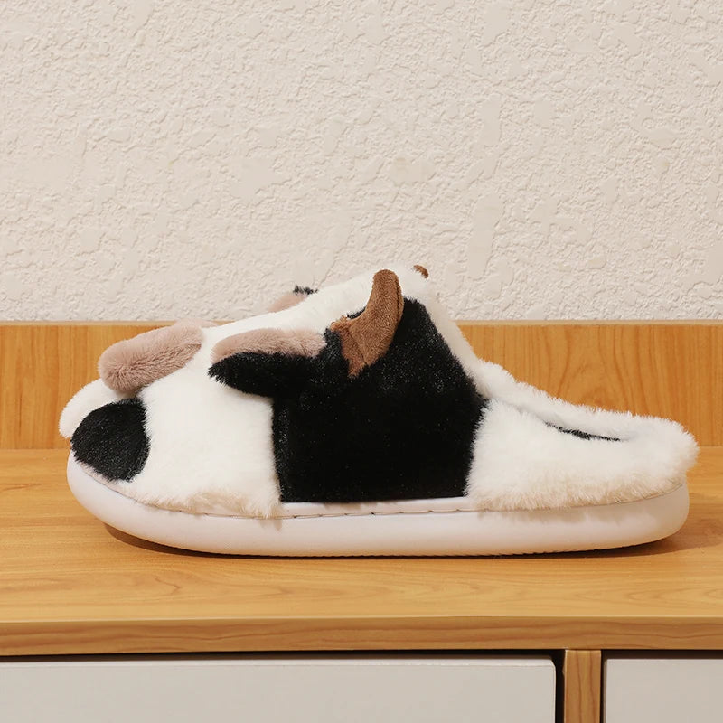 New Winter Unisex Cartoon Cow Warm Plush Slippers Couple's Indoor Non-slip House Mule Men And Women Toe Wrap Home Cotton Shoes