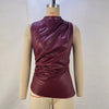 Standling Sleeveless Waist Lady Top PU Leather Folds Irregular Leather Vest Fashion Solid Color Women's Clothing