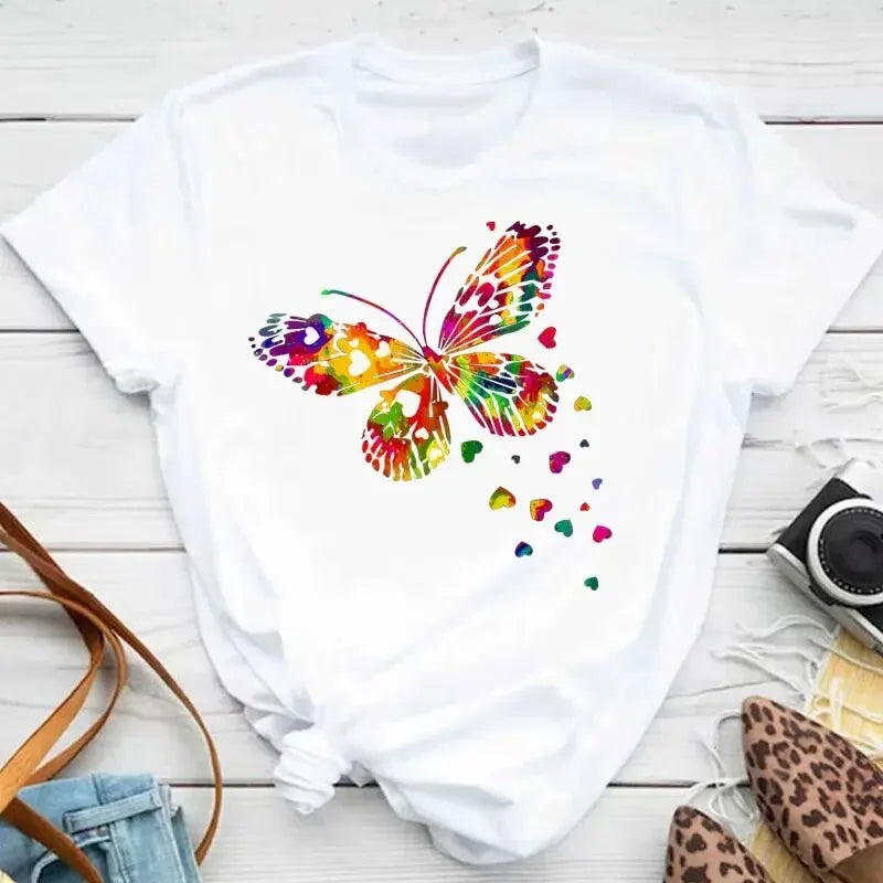 Colorful Butterfly Petal Print Short Sleeve and Round Neck Cute Graphic Tee Shirts Female Tops Clothing Fashion Women T-shirt