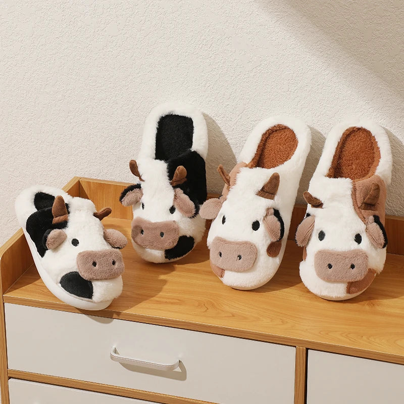 New Winter Unisex Cartoon Cow Warm Plush Slippers Couple's Indoor Non-slip House Mule Men And Women Toe Wrap Home Cotton Shoes