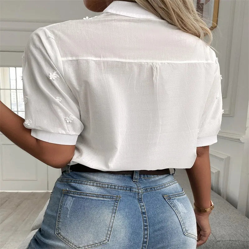 2024 Summer Elegant Short Sleeve White Shirt Vintage Tops Crochet Hollow Blouses For Women Fashion 2024 Cotton Female Clothing