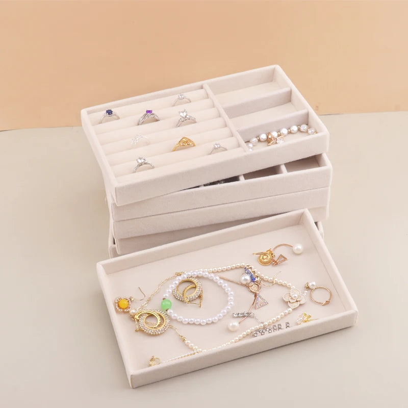 Velvet Jewelry Tray Storage Drawer Small Stackable Beige Jewelry Boxes and Packaging Suitable for Ring Earrings Simple Practical