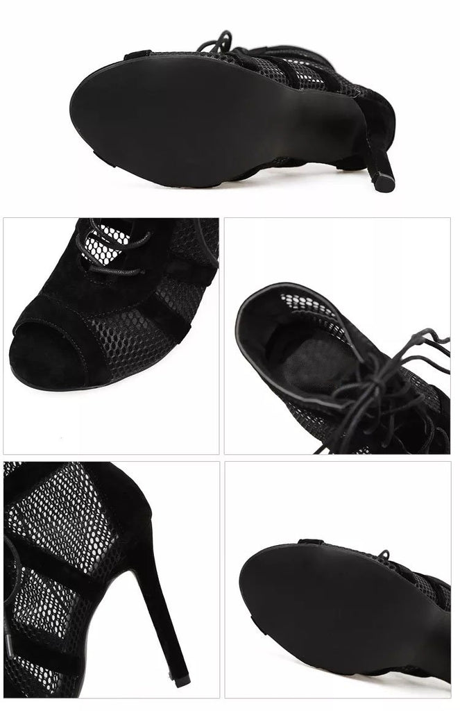 New Fashion Show Black Net Fabric Cross Strap Sexy High Heel Sandals Woman Shoes Pumps Lace-up Peep Toe Sandals Casual Mesh