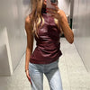 Standling Sleeveless Waist Lady Top PU Leather Folds Irregular Leather Vest Fashion Solid Color Women's Clothing