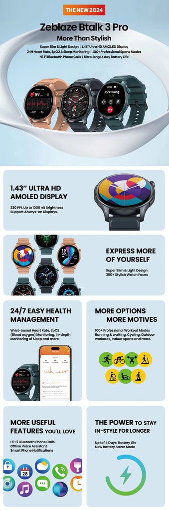 New Zeblaze Btalk 3 PRO 1.43" AMOLED Display Smart Watch Bluetooth Phone Callings Health and Fitness Tracking Smartwatch