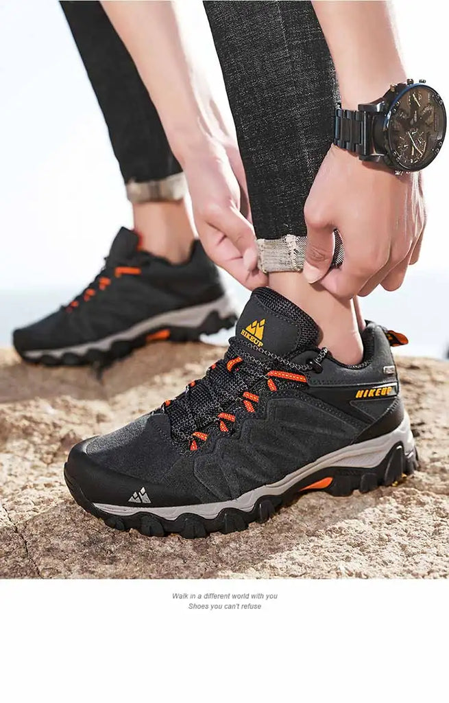 HIKEUP High Quality Leather Hiking Shoes Durable Outdoor Sport Men Trekking Leather Shoes Lace-Up Climbing Hunting Sneakers