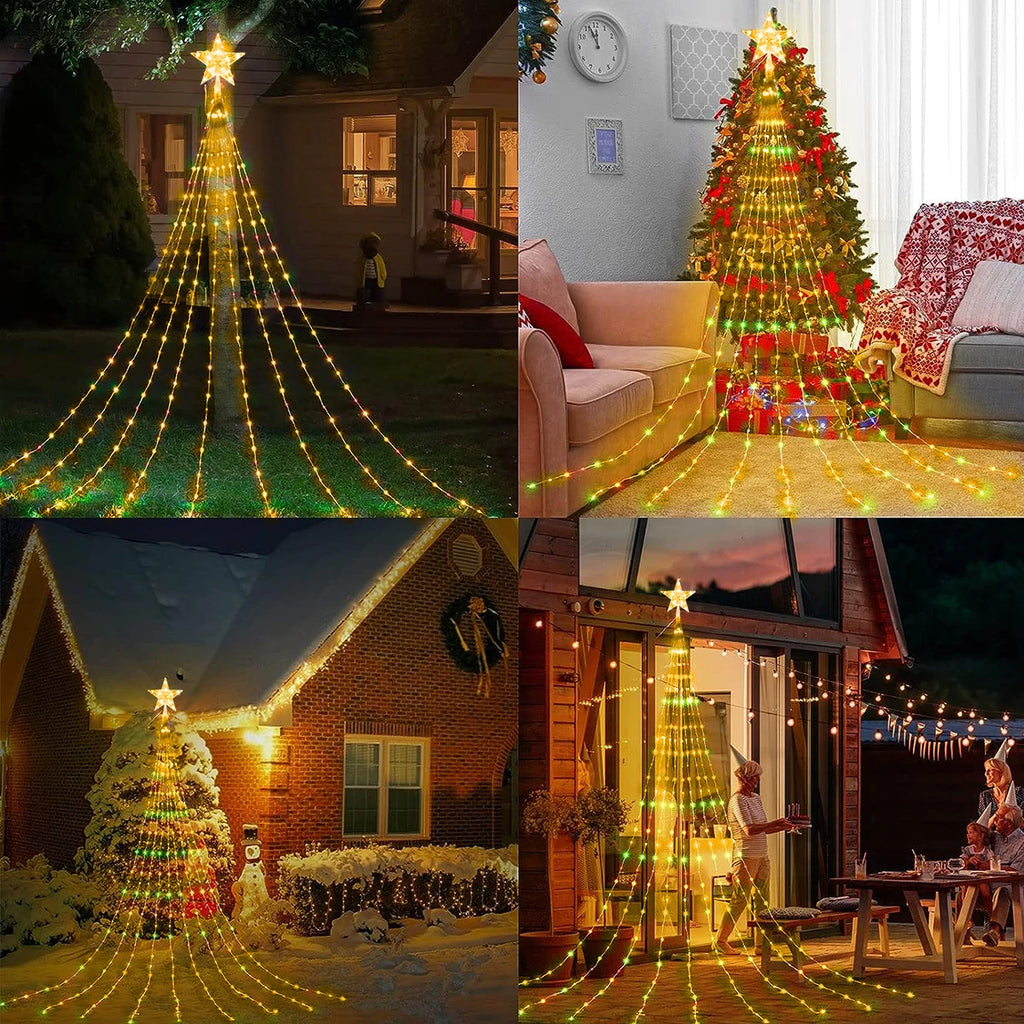 Solar Outdoor String Lights,280 LED Star Fairy Lights 9 Strands 9.8ft Waterfall Tree Lights 8 Modes Waterproof For Garden Decor