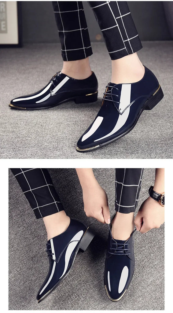 2024 New Men’s Patent Leather Shoes  British Style Men's Dress Shoes Lace Up Pointed Toe Wedding Business Party Social Shoe Male