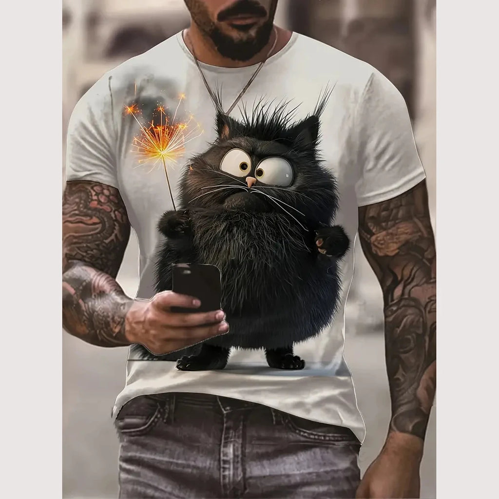 Summer Men's T Shirt Cat Print Casual Short Sleeve 3d T Shirts Fashion Streetwear Crew Neck Pullover Oversized Male Clothing