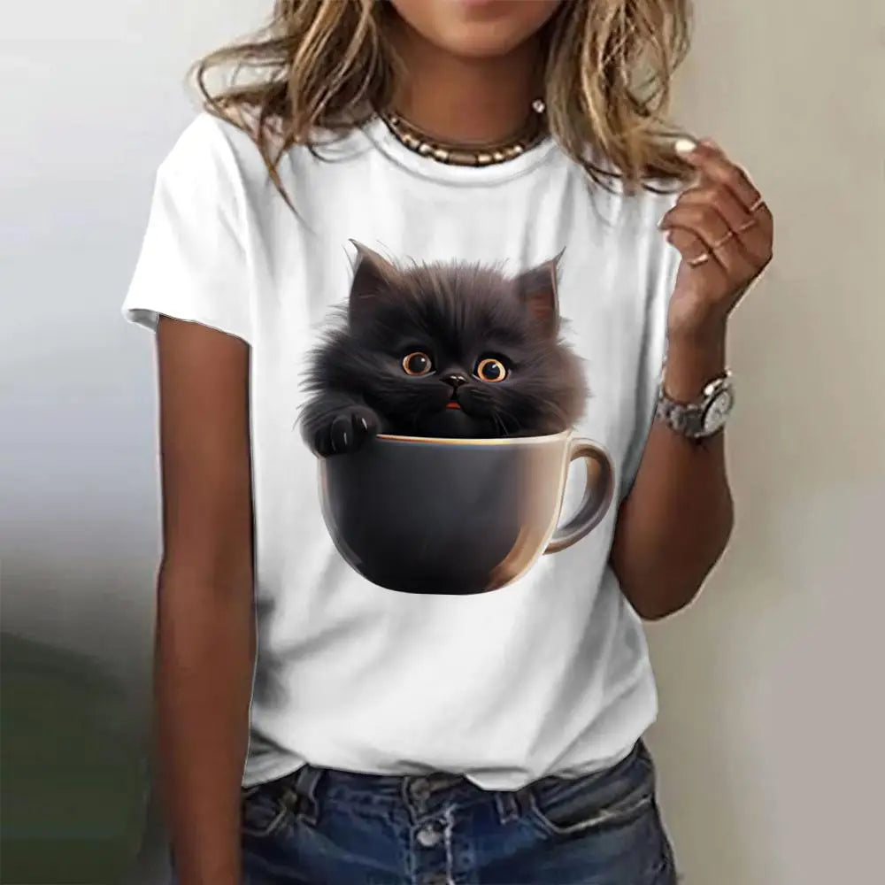 Summer Women's T Shirt Cat Print Casual Short Sleeve 3d T Shirts Fashion Streetwear Crew Neck Pullover Oversized Female Clothing