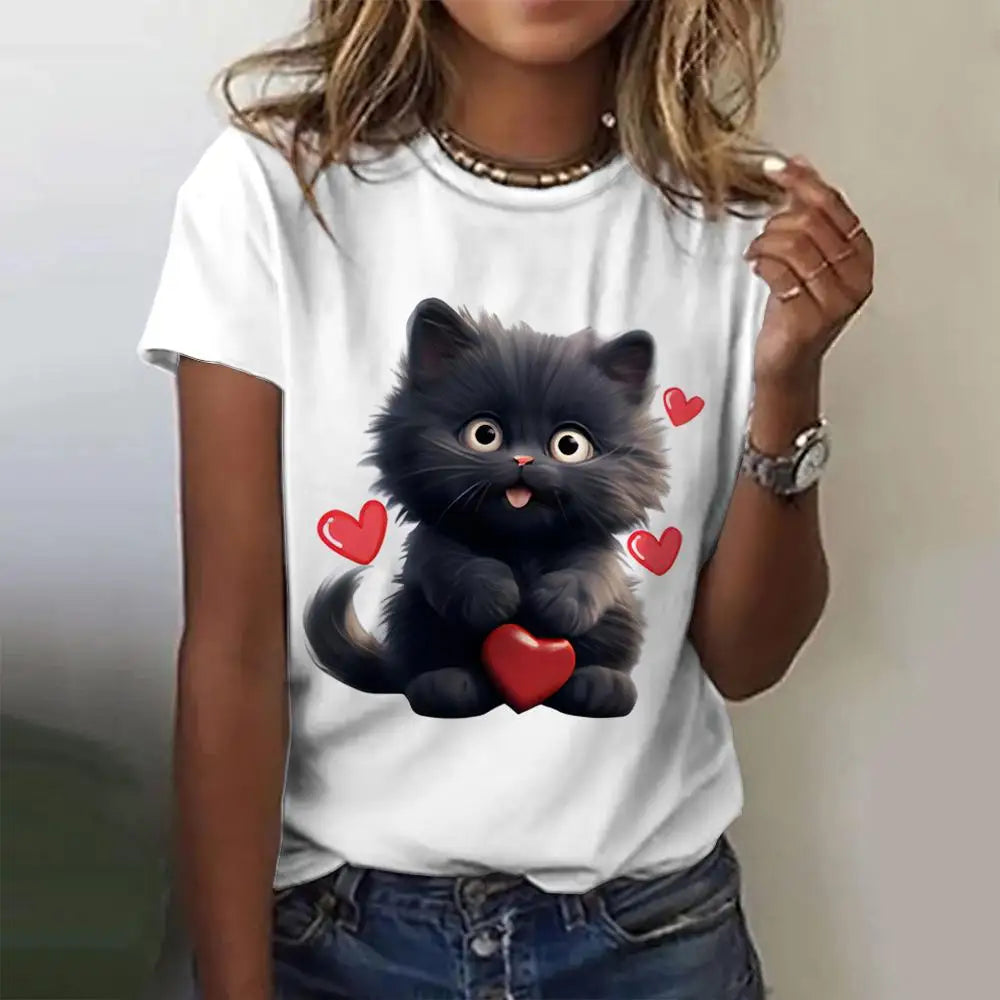 Summer Women's T Shirt Cat Print Casual Short Sleeve 3d T Shirts Fashion Streetwear Crew Neck Pullover Oversized Female Clothing