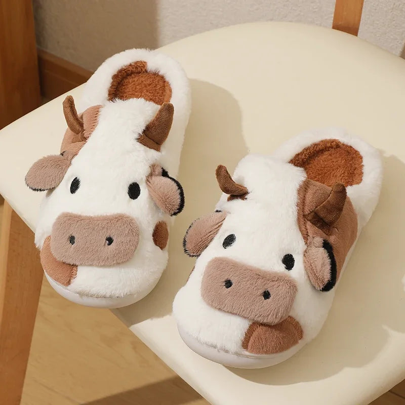 New Winter Unisex Cartoon Cow Warm Plush Slippers Couple's Indoor Non-slip House Mule Men And Women Toe Wrap Home Cotton Shoes