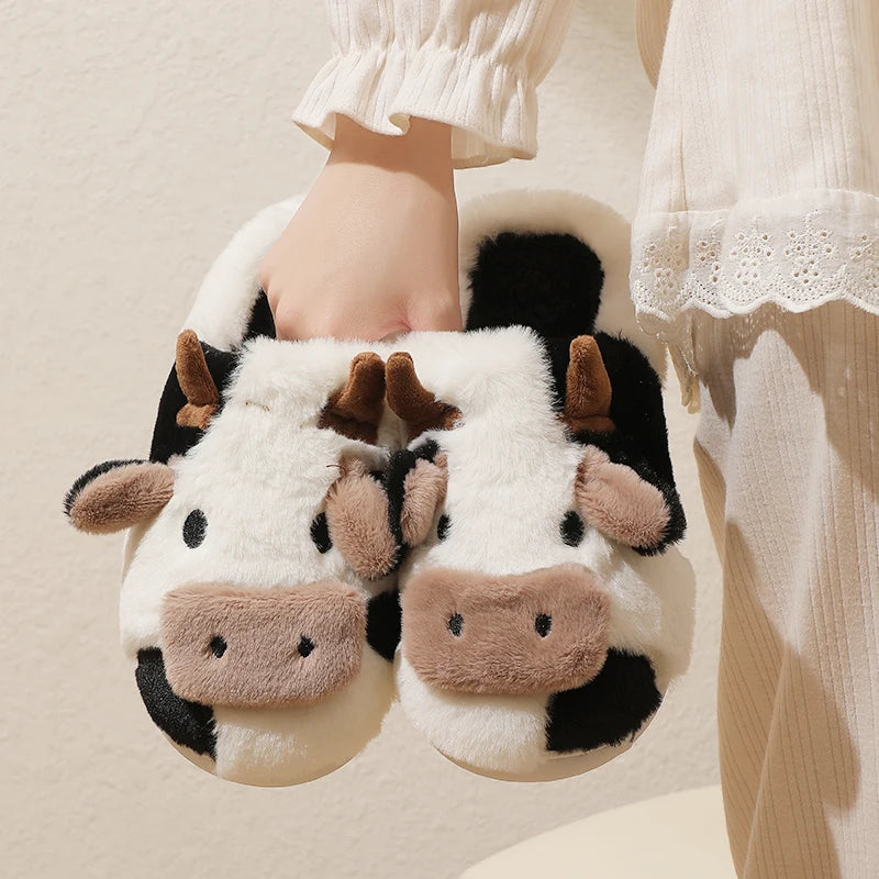 New Winter Unisex Cartoon Cow Warm Plush Slippers Couple's Indoor Non-slip House Mule Men And Women Toe Wrap Home Cotton Shoes