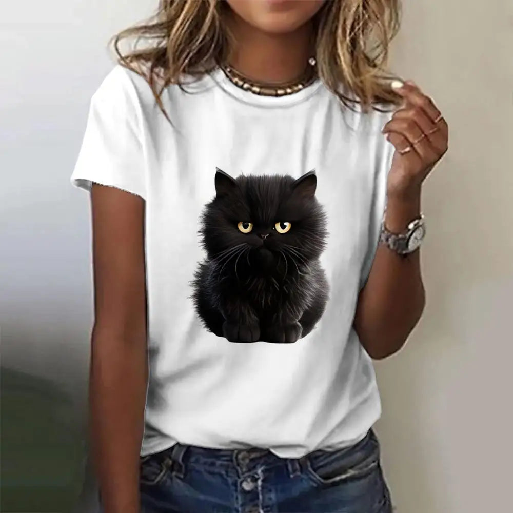 Summer Women's T Shirt Cat Print Casual Short Sleeve 3d T Shirts Fashion Streetwear Crew Neck Pullover Oversized Female Clothing