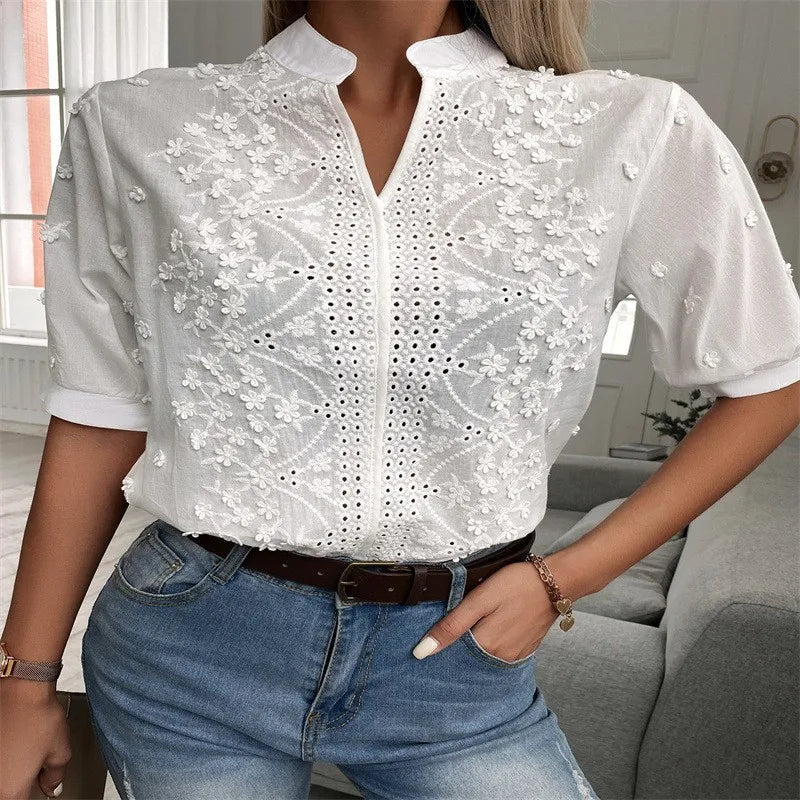 2024 Summer Elegant Short Sleeve White Shirt Vintage Tops Crochet Hollow Blouses For Women Fashion 2024 Cotton Female Clothing