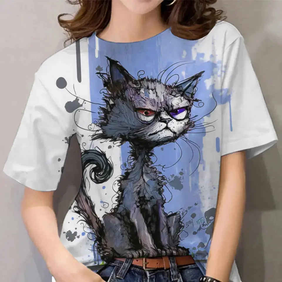 Summer Women's T Shirt Cat Print Casual Short Sleeve 3d T Shirts Fashion Streetwear Crew Neck Pullover Oversized Female Clothing