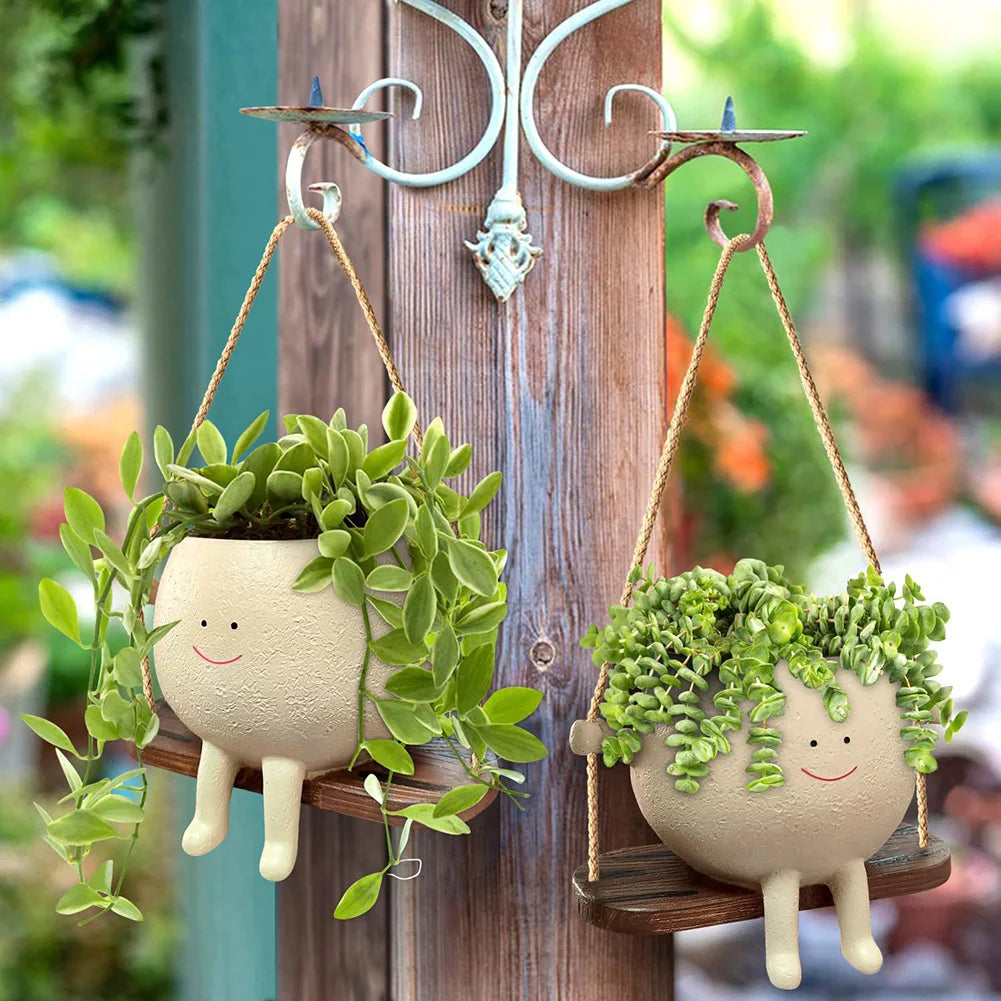 Cute Wall Planter Resin Swing Flower Container Creative Wall Hanging Head Planter Multifunctional Home Garden Patio Accessories