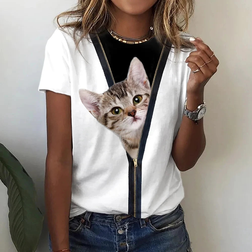 Summer Women's T Shirt Cat Print Casual Short Sleeve 3d T Shirts Fashion Streetwear Crew Neck Pullover Oversized Female Clothing