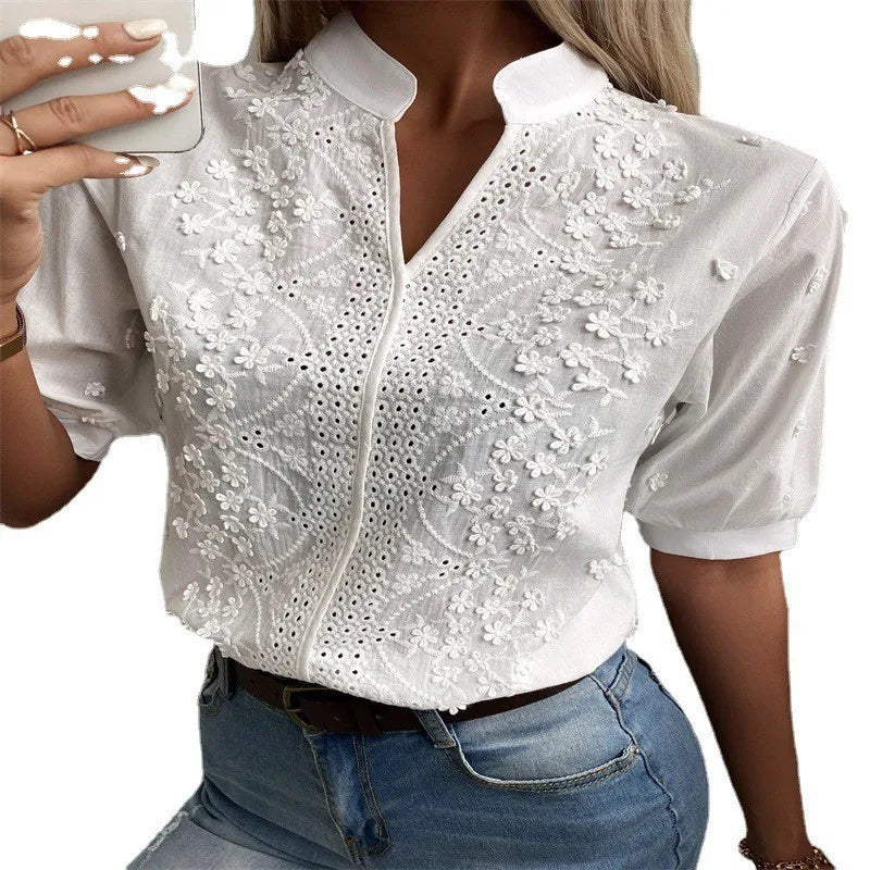 2024 Summer Elegant Short Sleeve White Shirt Vintage Tops Crochet Hollow Blouses For Women Fashion 2024 Cotton Female Clothing