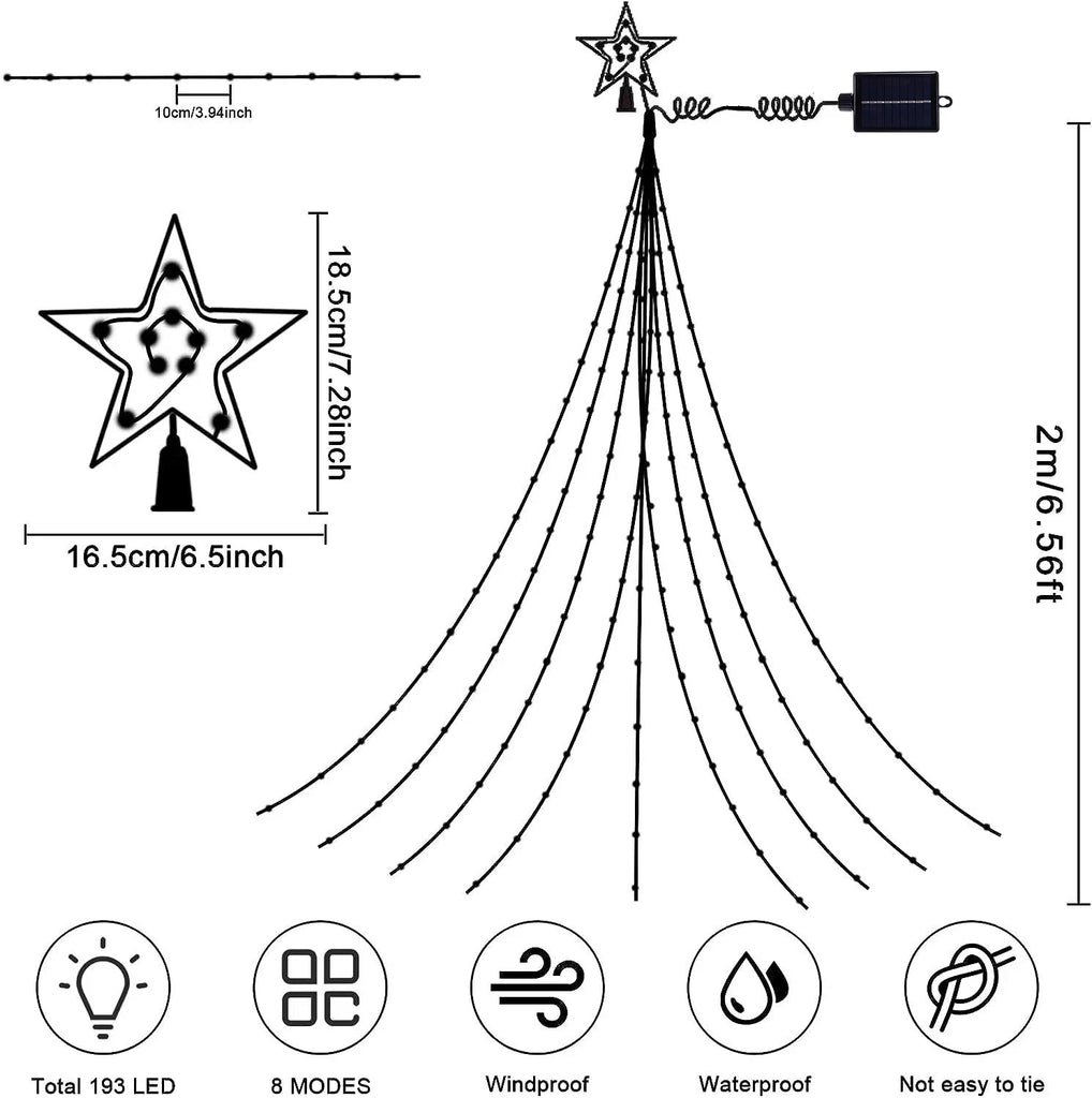 Solar Outdoor String Lights,280 LED Star Fairy Lights 9 Strands 9.8ft Waterfall Tree Lights 8 Modes Waterproof For Garden Decor