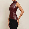 Standling Sleeveless Waist Lady Top PU Leather Folds Irregular Leather Vest Fashion Solid Color Women's Clothing